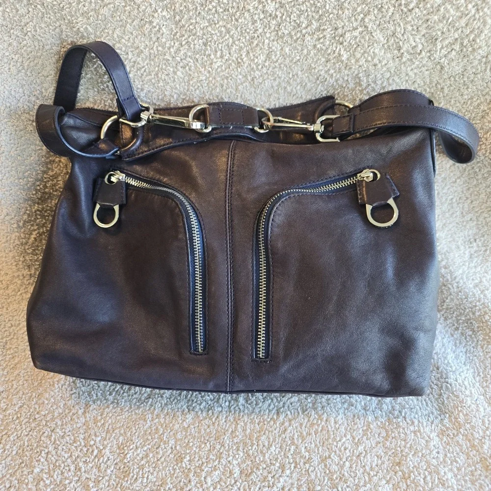 Ted Baker Leather Hobo Shoulder Bag Purse Dark Purple Plum Buckle Accents